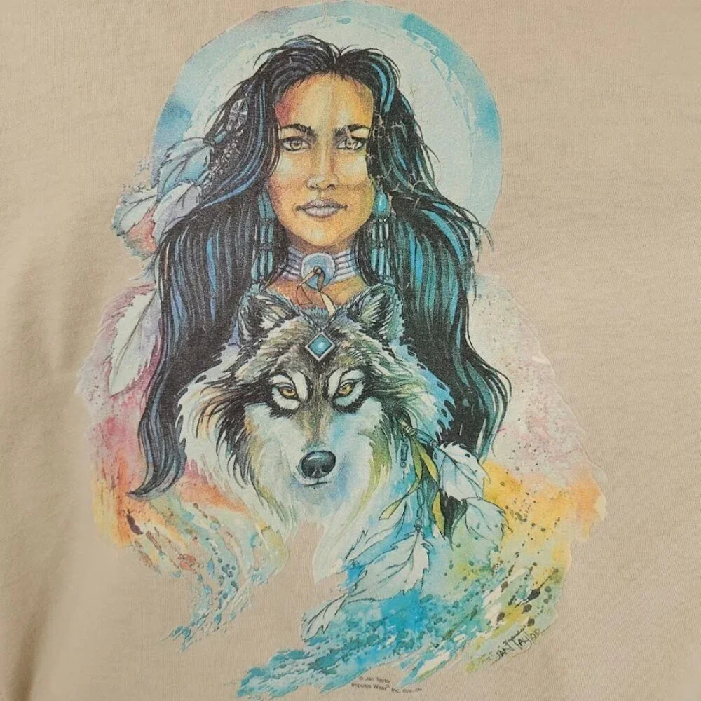 Vintage Eyes Of The Wolf T Shirt Mens Size Large Beige Y2K Native Jan Taylor Art - Picture 3 of 7